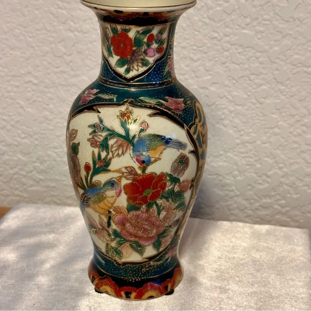 Vintage Asian Decorative Vase Bird Floral Gold Accent Satsuma Style